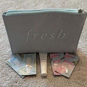 Fresh Light Blue Cosmetic Pouch with samples of Fresh Skincare Set